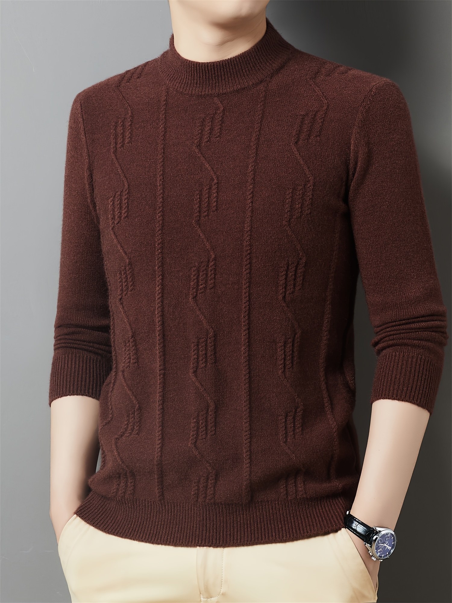 Cozy & Stylish Men s Knit Sweater - Solid Color, Round Neck, Long Sleeve Pullover for Fall/Winter | Soft Polyester details 1