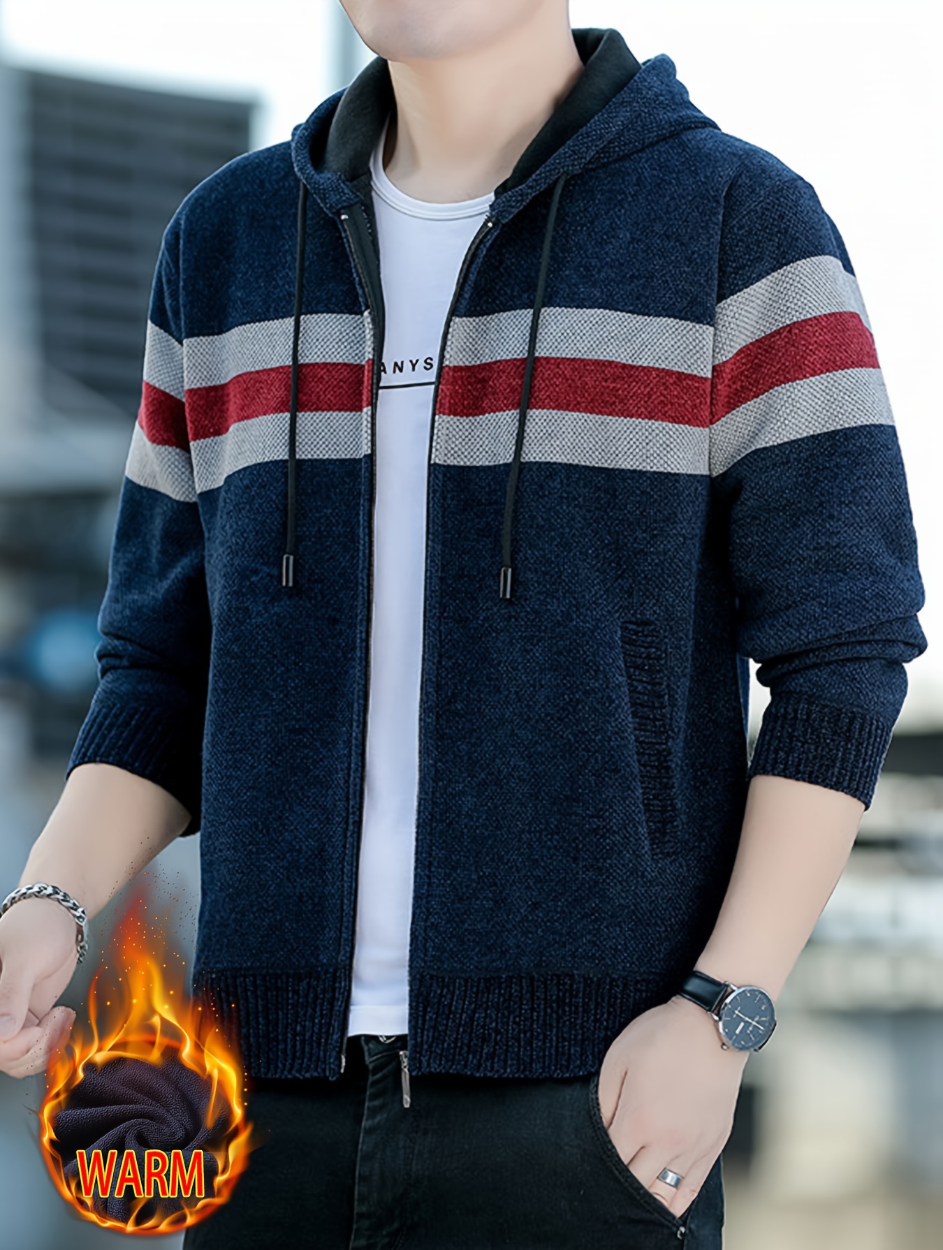 Men S Casual Knit Polyester Hooded Sweater, Long Sleeve Zip-Up Jacket, Regular Fit, with and Design, for Travel, Fishing, Golf, Daily details 0