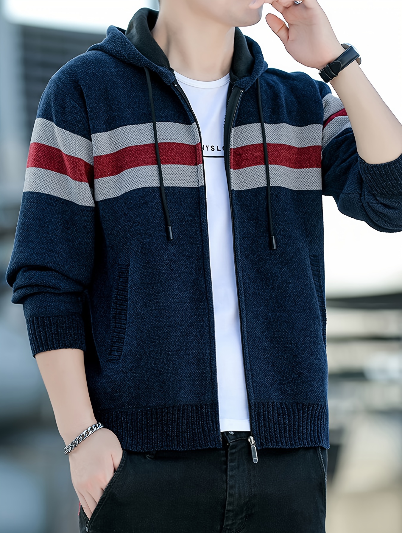 Men S Casual Knit Polyester Hooded Sweater, Long Sleeve Zip-Up Jacket, Regular Fit, with and Design, for Travel, Fishing, Golf, Daily details 1