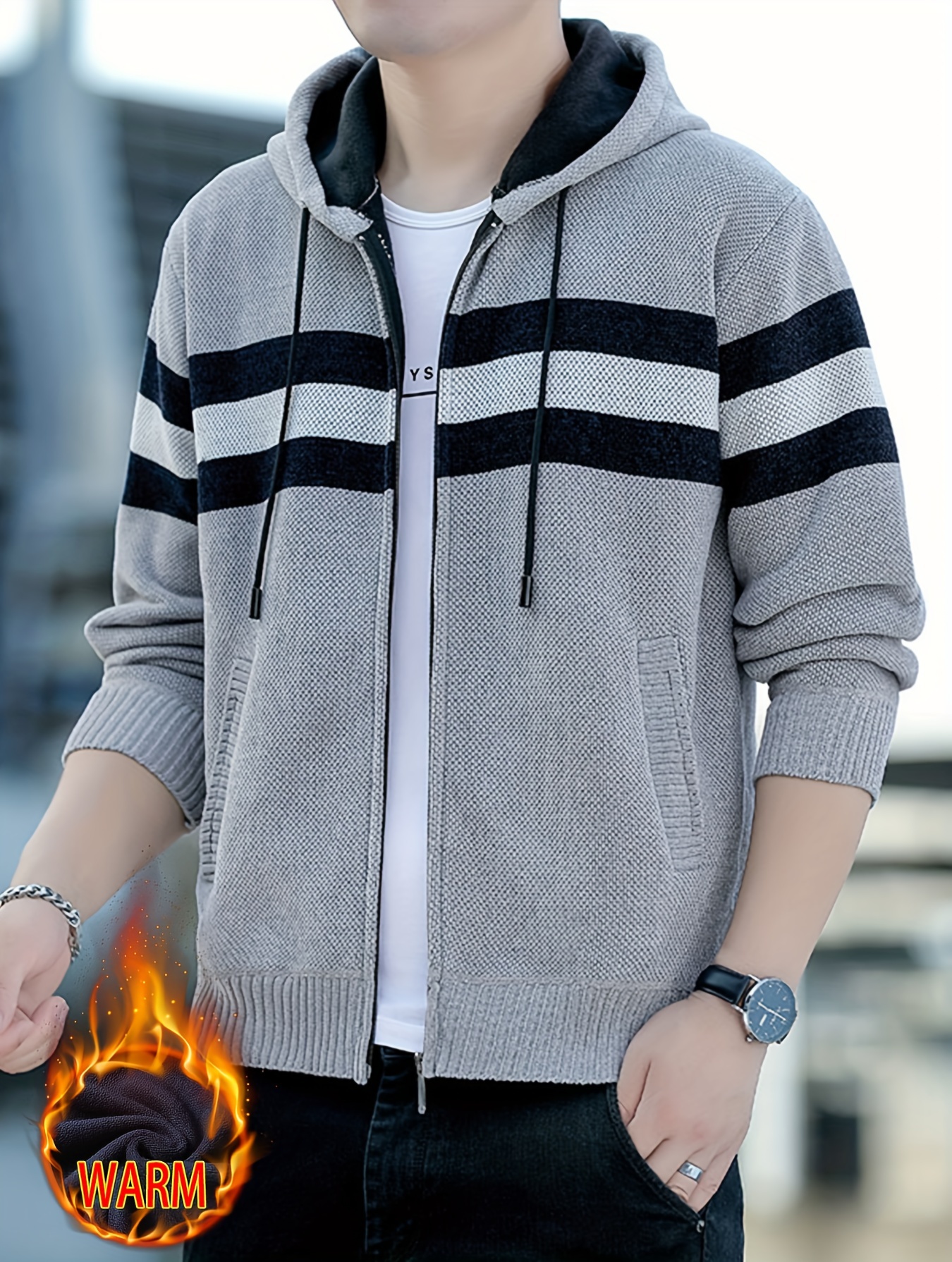 Men S Casual Knit Polyester Hooded Sweater, Long Sleeve Zip-Up Jacket, Regular Fit, with and Design, for Travel, Fishing, Golf, Daily details 7