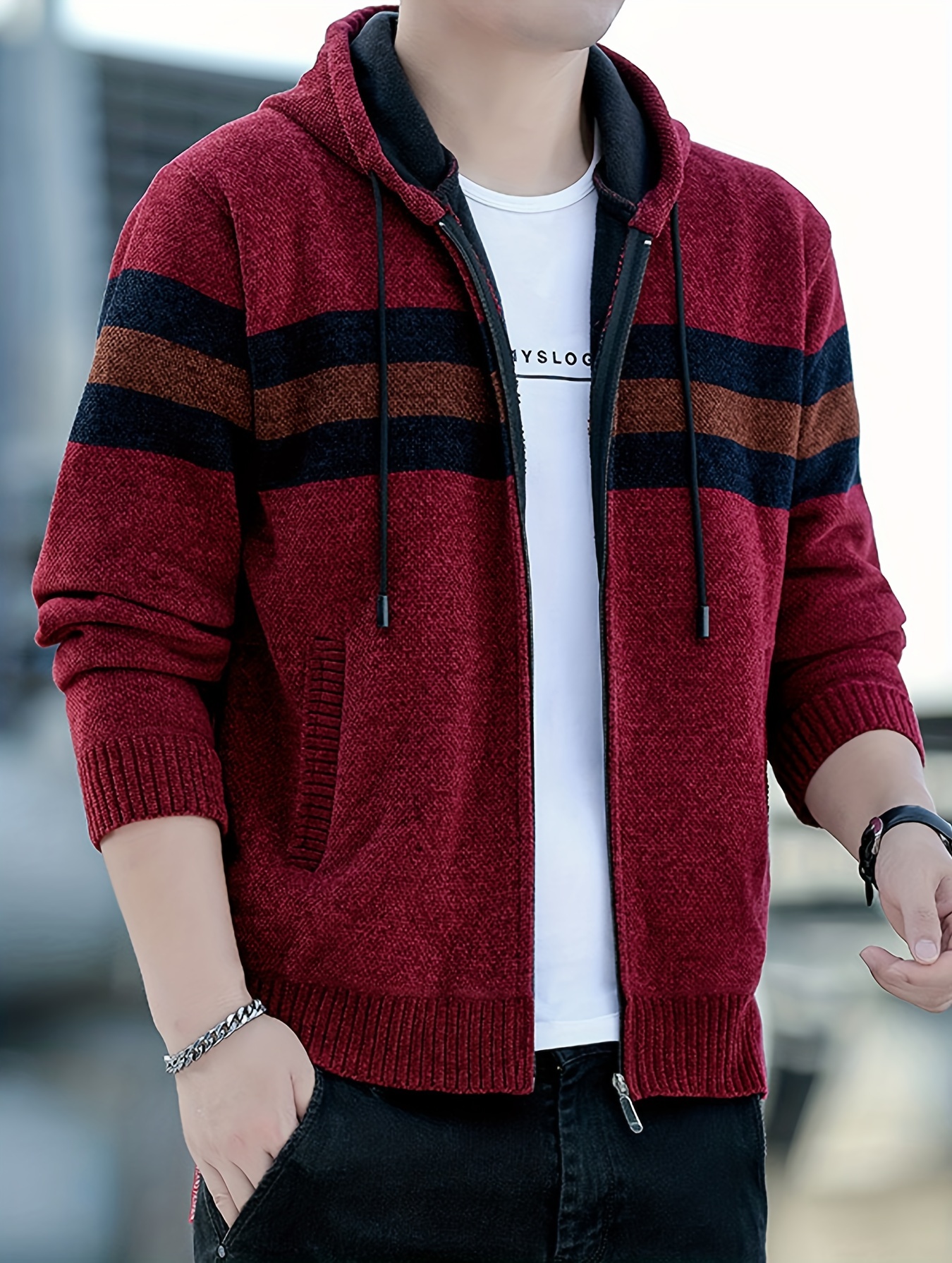 Men S Casual Knit Polyester Hooded Sweater, Long Sleeve Zip-Up Jacket, Regular Fit, with and Design, for Travel, Fishing, Golf, Daily details 18