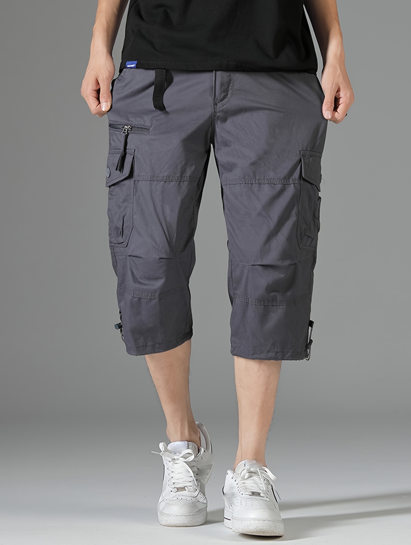 mens 3 4 length solid color non stretch cotton cargo shorts for summer outdoor wear details 7