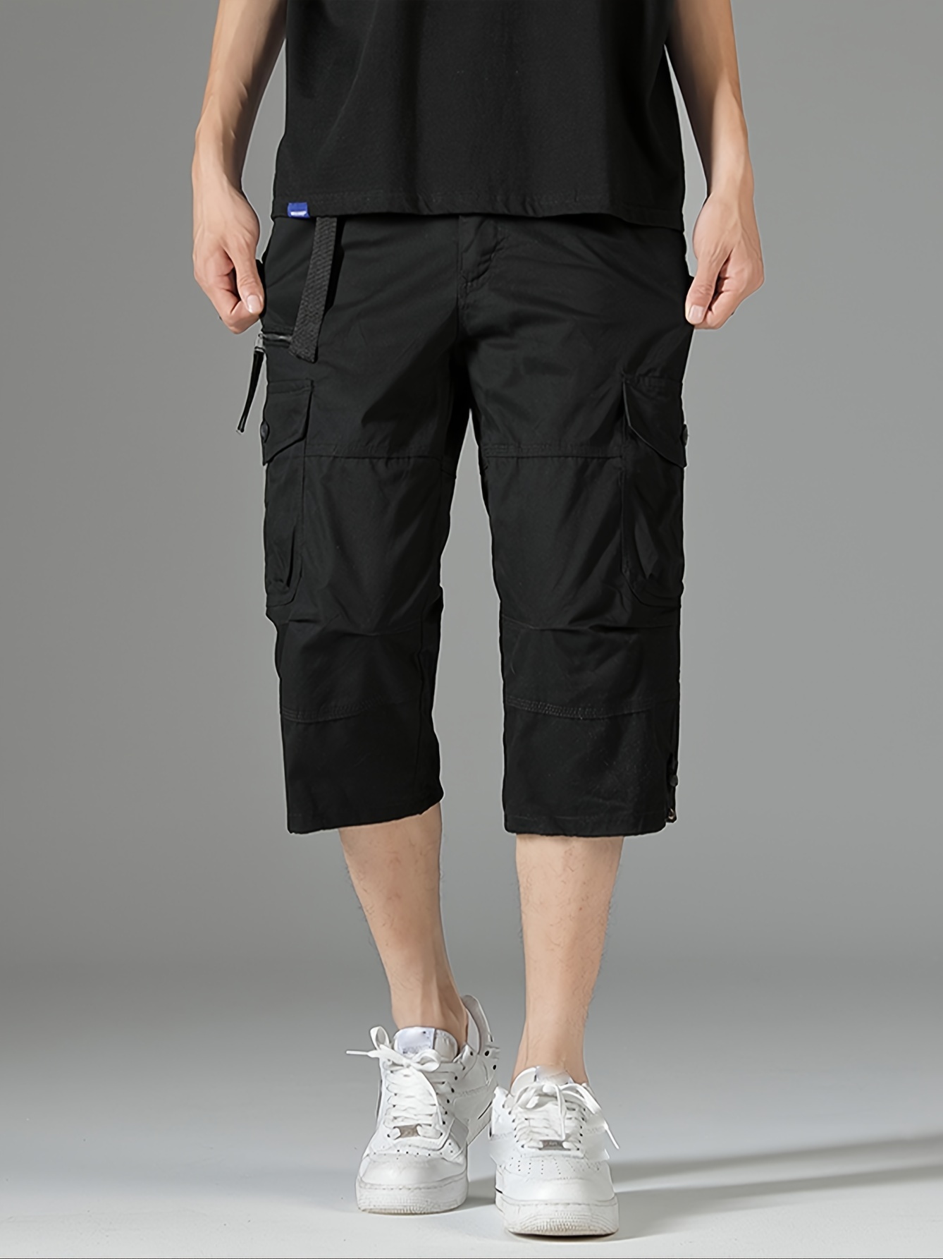 mens 3 4 length solid color non stretch cotton cargo shorts for summer outdoor wear details 15