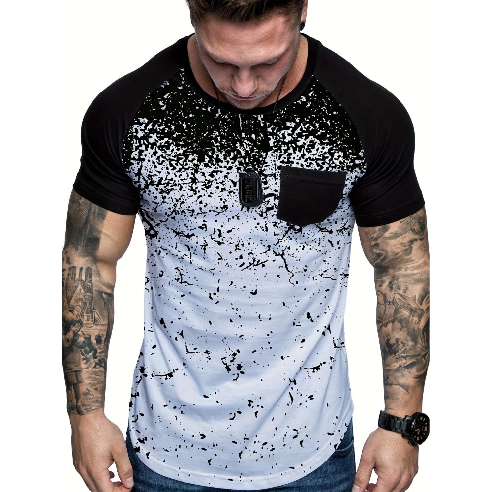 Chic Printed T-shirt, Men's Casual Street Style Stretch Round Neck Tee Shirt For Summer