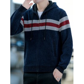 1pc Men'S Casual Color Block Chenille Hooded Knit Jacket - Polyester Long Sleeve Zip-Up with Slight Stretch, Regular Fit Hooded Sweater for Fall/Winter