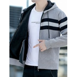 1pc Men'S Casual Color Block Chenille Hooded Knit Jacket - Polyester Long Sleeve Zip-Up with Slight Stretch, Regular Fit Hooded Sweater for Fall/Winter
