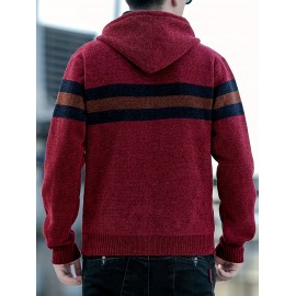 1pc Men'S Casual Color Block Chenille Hooded Knit Jacket - Polyester Long Sleeve Zip-Up with Slight Stretch, Regular Fit Hooded Sweater for Fall/Winter