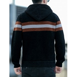 1pc Men'S Casual Color Block Chenille Hooded Knit Jacket - Polyester Long Sleeve Zip-Up with Slight Stretch, Regular Fit Hooded Sweater for Fall/Winter