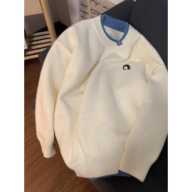 Men's Loose Color Block Cute Boy Graphic Print Fake Two-piece Knitted Pullover, Casual Long Sleeve Crew Neck Sweater For Fall