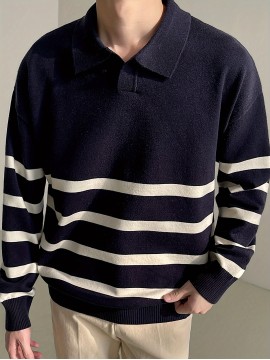 Men's Color Blocking Striped Golf Shirt For Autumn And Winter, Casual Stylish Long Sleeve Top As Gift