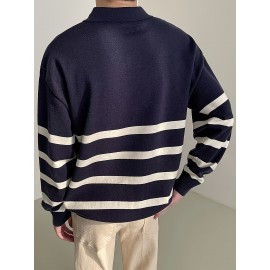 Men's Color Blocking Striped Golf Shirt For Autumn And Winter, Casual Stylish Long Sleeve Top As Gift