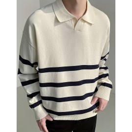 Men's Color Blocking Striped Golf Shirt For Autumn And Winter, Casual Stylish Long Sleeve Top As Gift