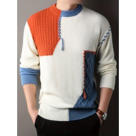 1pc Men'S Korean Style Crew Neck Sweater, Casual Striped Pattern, Rib-Knit, Slight Stretch, Loose Fit, Acrylic Knit Fabric, Thick Warm Patchwork Pullover for Fall/Winter - Fashionable Color Block Base Layer Top [12422]