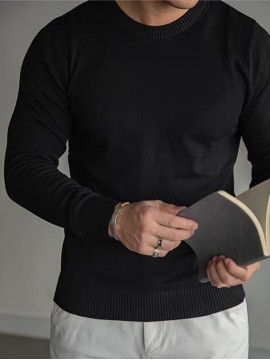 Men's Casual Solid Color Knit Sweater - Long Sleeve, Round Neck Pullover for Fall/Winter