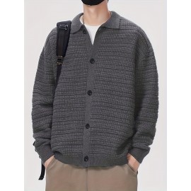 Men'S Fall/Winter Casual Rib-Knit Cardigan, Acrylic Blend, Preppy Style, Loose Fit, Relaxed Shoulder, Long Sleeve, Solid Color, Medium Stretch, Knit Fabric, with Lapel Collar and Open Front for Men