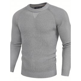 Men Waffle Textured Sweater Long Raglan Sleeve Crew Neck Ribbed Cuff Pullover