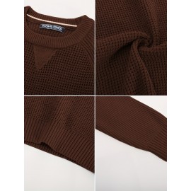 Men Waffle Textured Sweater Long Raglan Sleeve Crew Neck Ribbed Cuff Pullover