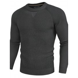 Men Waffle Textured Sweater Long Raglan Sleeve Crew Neck Ribbed Cuff Pullover