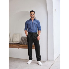 Men'S Casual Chino Pants, Rayon Blend, Non-Stretch, Solid Color, Regular Fit, with Button Detail, for All-Season Woven Flat Front Drawstring Trousers