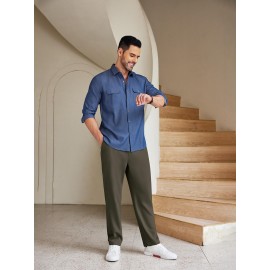 Men'S Casual Chino Pants, Rayon Blend, Non-Stretch, Solid Color, Regular Fit, with Button Detail, for All-Season Woven Flat Front Drawstring Trousers