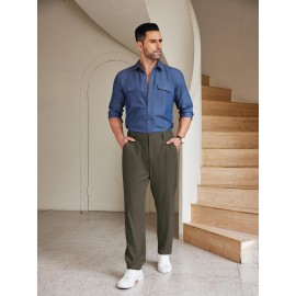 Men'S Casual Chino Pants, Rayon Blend, Non-Stretch, Solid Color, Regular Fit, with Button Detail, for All-Season Woven Flat Front Drawstring Trousers