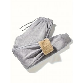 1pc Men'S Casual Mid Waist Sweatpants,  Fall/Winter Thick Fleece Lined, Solid Color Polyester Knit Fabric, Non-Stretch, Regular Fit Drawstring Waist, Weekend Comfort Warmth, No Belt - Polyester Fiber Filled