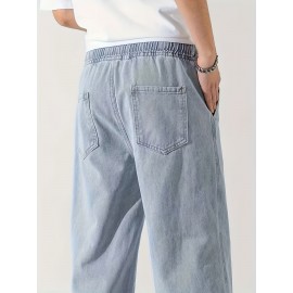 Men's Casual Light Blue Jeans, Loose Straight Trousers, Versatile Drawstring Elastic Waist Band Long Pants