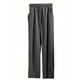Men's Drawstring Pants Mid Waist Straight Leg Long Pants Casual Solid Color Ribbed Pants