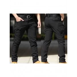 1pc Men'S Tactical Cargo Pants - Solid Color, All-Season, Polyester, Regular Fit, Slight Stretch, Multi-Pocket Design, Casual Style, Woven Trousers for Adults
