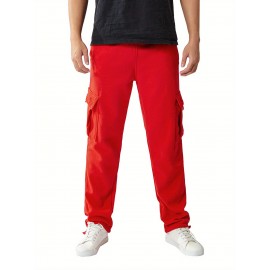 1pc Men'S Casual Cotton Cargo Pants - Solid Color, Mid Waist, Slight Stretch, Regular Fit, Woven Fabric, No Belt, Fall Season, Adult - Drawstring Elastic Waist, Loose Fit Yoga Beach Trouser