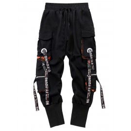 Men's Cargo Joggers, Loose Fit Tapered Leg Trousers With Straps And Ribbed Cuffs, Sports Drawstring Pants For Streetwear