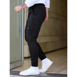 Men's Cotton Blend Label Decor Jogger Pants With Drawstrings, Casual Loose Fit Harem Trousers As Gift