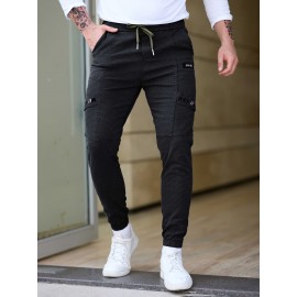 Men's Cotton Blend Label Decor Jogger Pants With Drawstrings, Casual Loose Fit Harem Trousers As Gift