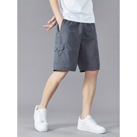 Casual Solid Men's Regular Fit Elastic Waist Cotton Cargo Shorts With Side Pockets For Summer Outdoor Leisure And Work