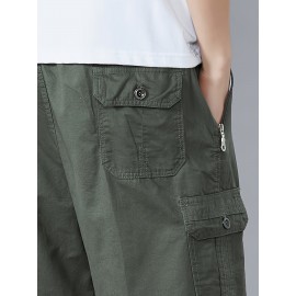 Casual Solid Men's Regular Fit Elastic Waist Cotton Cargo Shorts With Side Pockets For Summer Outdoor Leisure And Work