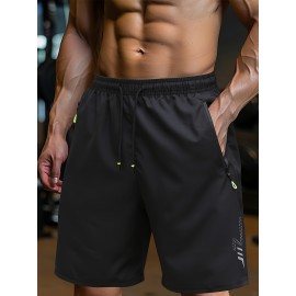 Men's Solid Shorts With Zipper Pockets, Casual Elastic Waist Drawstring Shorts For Summer