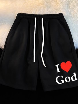 Casual Polyester Knit Fabric Shorts with Pockets, Regular Fit, Slight Stretch, Alphabet Pattern, with 